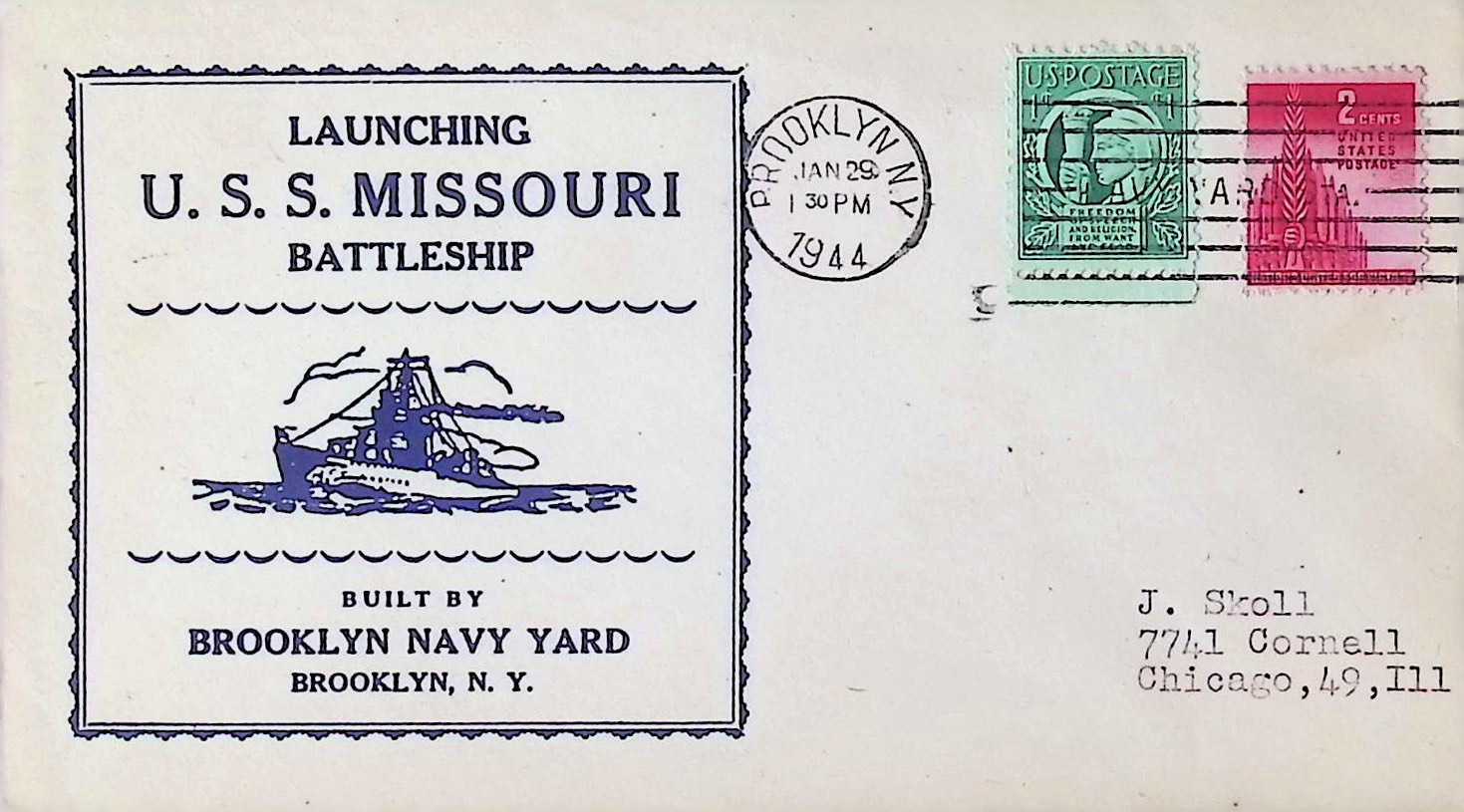Launching USS Missouri postal cover, Brooklyn Navy Yard, 1944