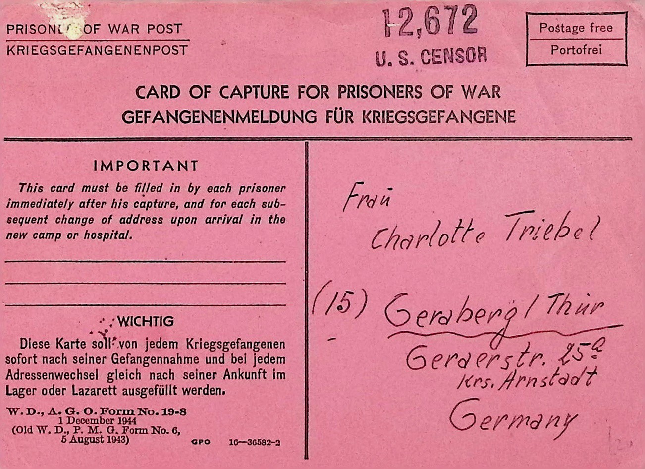 Pink prisoner of war capture card for Kurt Triebel
